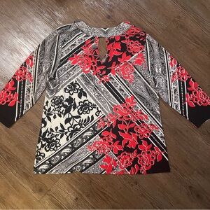Chico's Keyhole Neck Sz 2 Red Black Floral Tunic